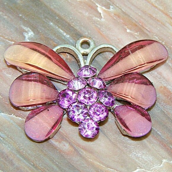 Unbranded Jewelry - Rhinestone and Acrylic Butterfly Pendant Charm Silver Tone Purple Pink 1x1"